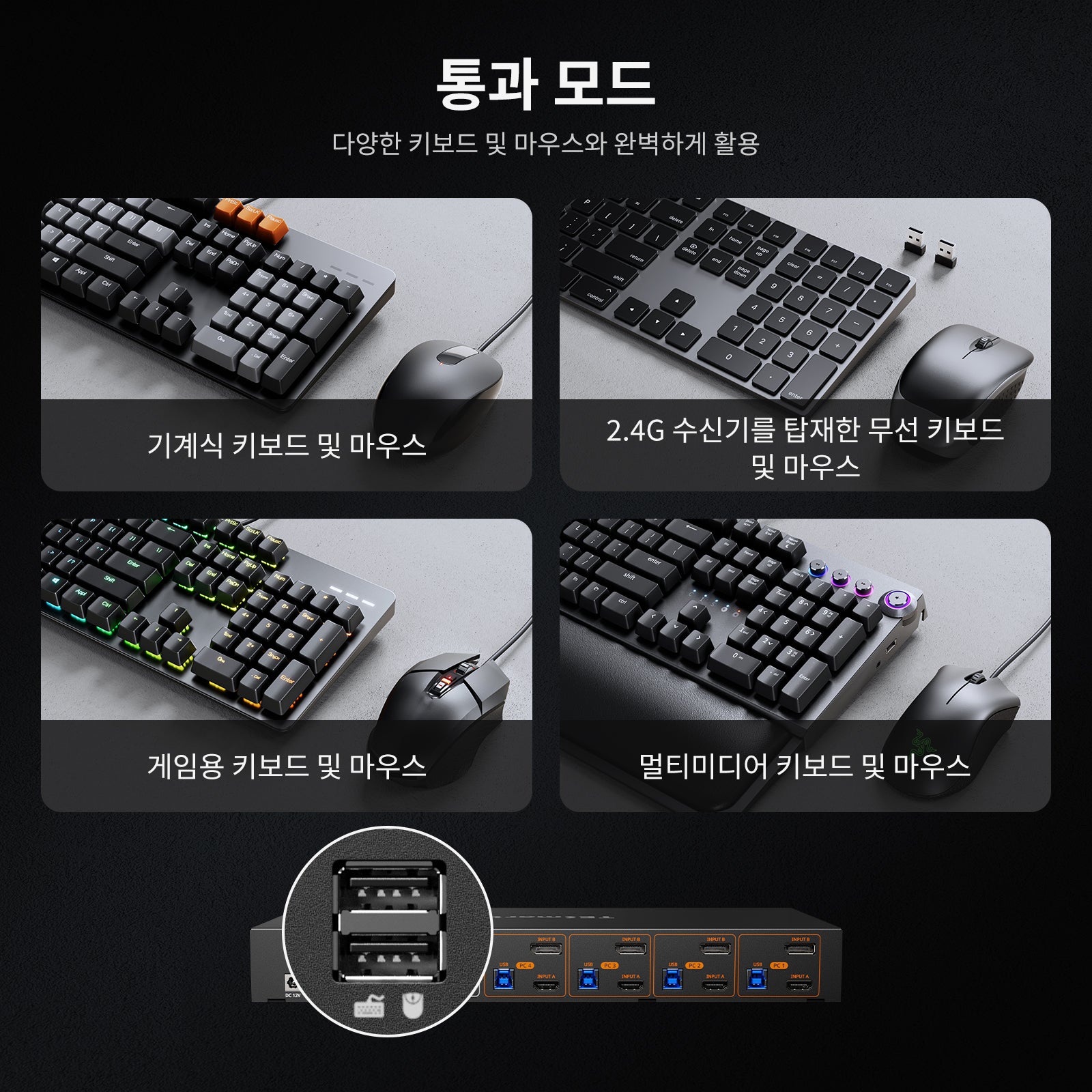 4대의 PC와 2대의 모니터를 위한 HDMI 2.1 및 DP 1.4 듀얼 4K144Hz KVM 스위치 게이밍 독, ADI 칩, EDID, VRR, FVA, ALLM 및 동적 HDR 포함