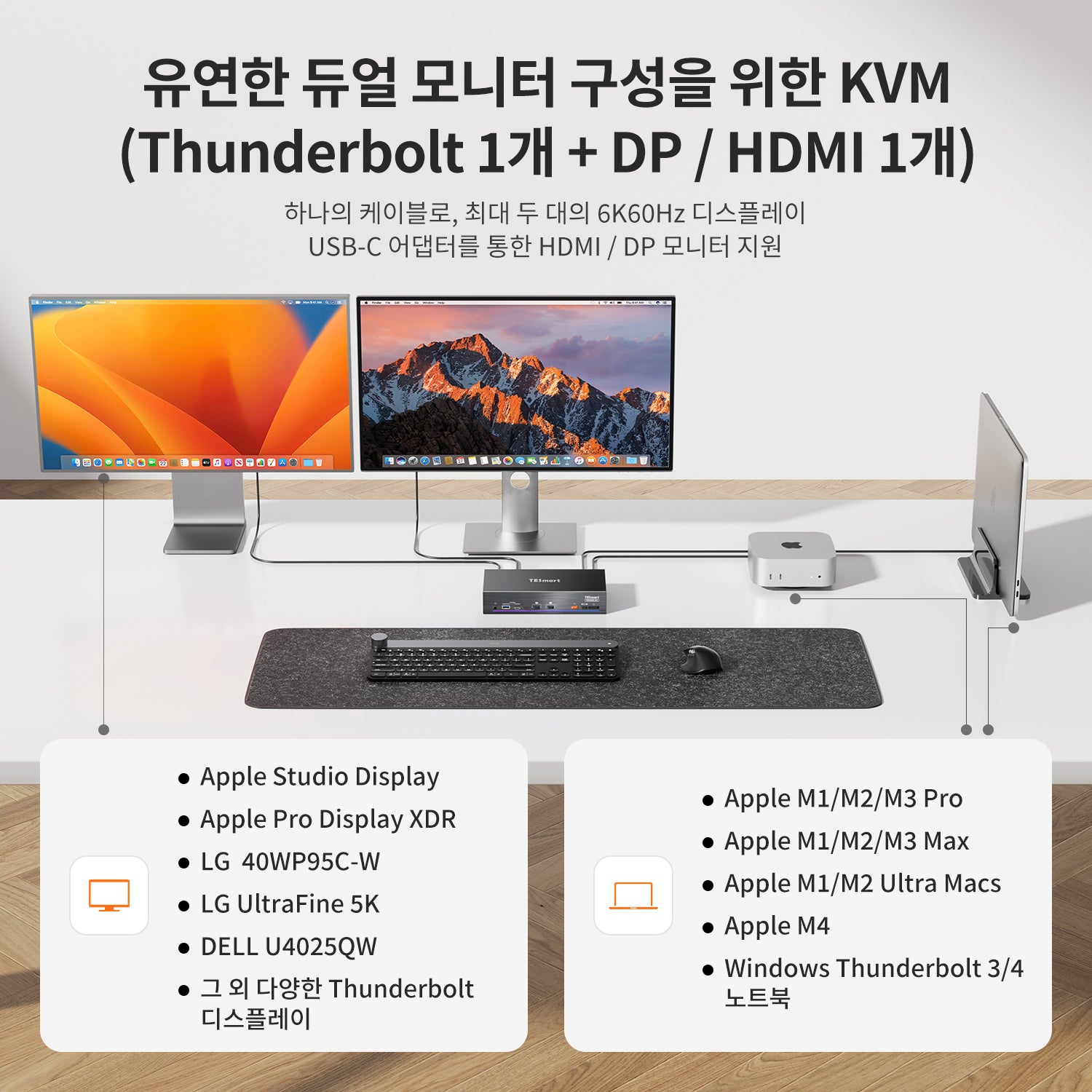 2-포트 듀얼 모니터 KVM for Apple Studio Display – 최대 5K@60Hz, Thunderbolt™ 4 기기와 호환