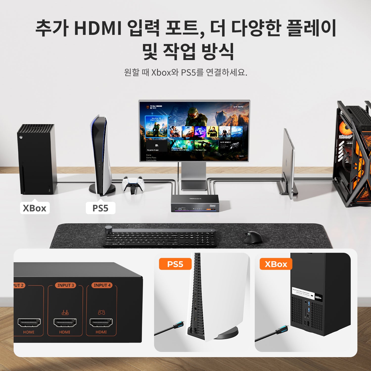 4포트 KVM (Apple Studio Display용) – 최대 6K@60Hz / 5K@120Hz, Thunderbolt™ 4 및 HDMI 장치 호환 가능