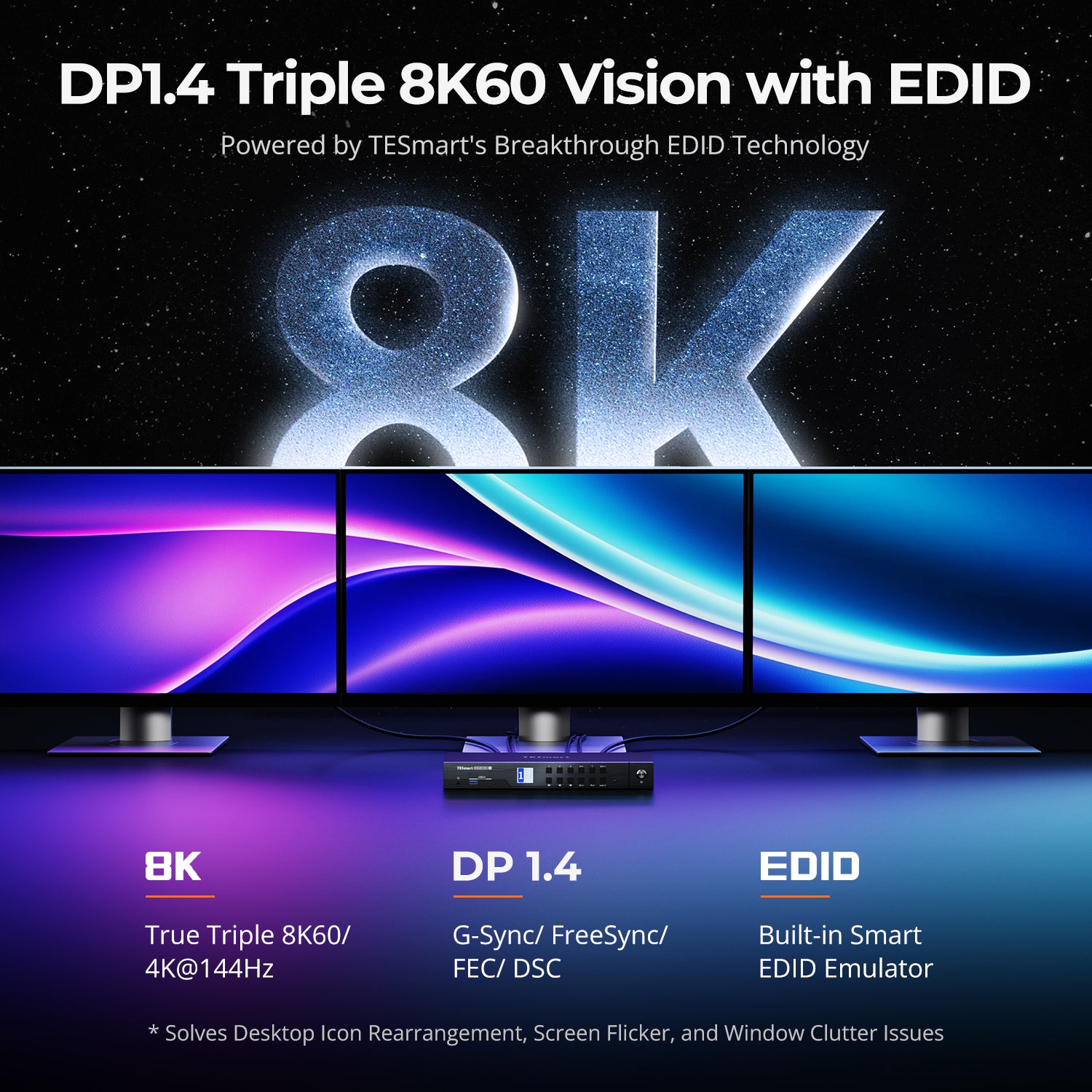DP 1.4 트리플 8K@60Hz KVM 스위치 허브 (4대 PC, 3대 모니터용), EDID, 오디오/USB 잠금 및 다중 전환 지원