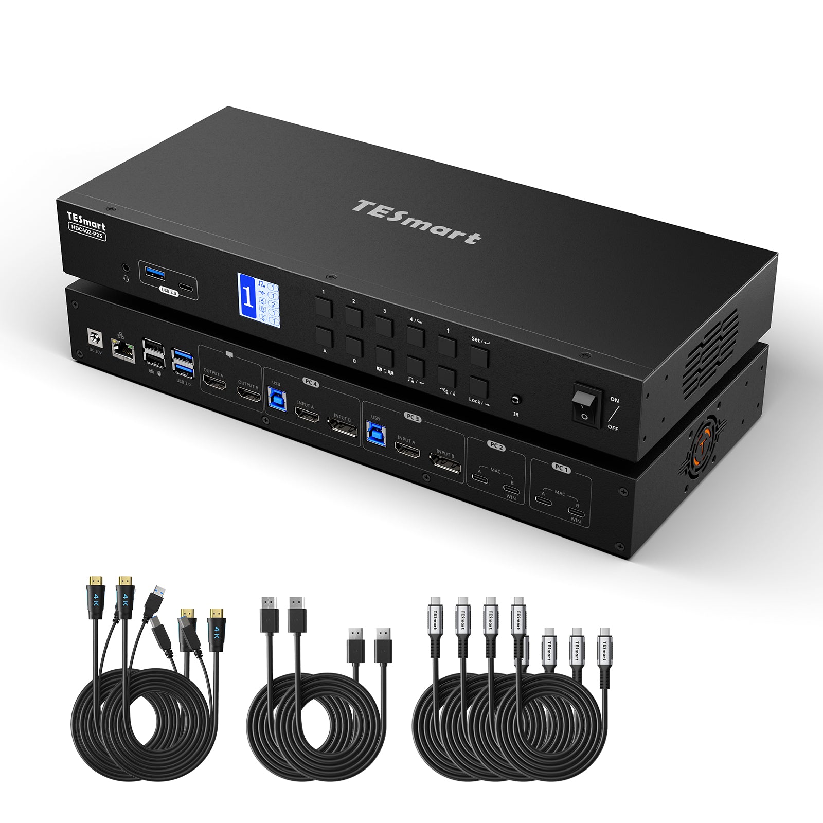 듀얼 모니터 하이브리드 USB-C/HDMI/DP 4K60Hz KVM 스위치 프로 허브, 2대의 노트북 및 2대의 PC용, MST 모드, EDID 에뮬레이션, 기가비트 LAN 및 듀얼 충전 지원