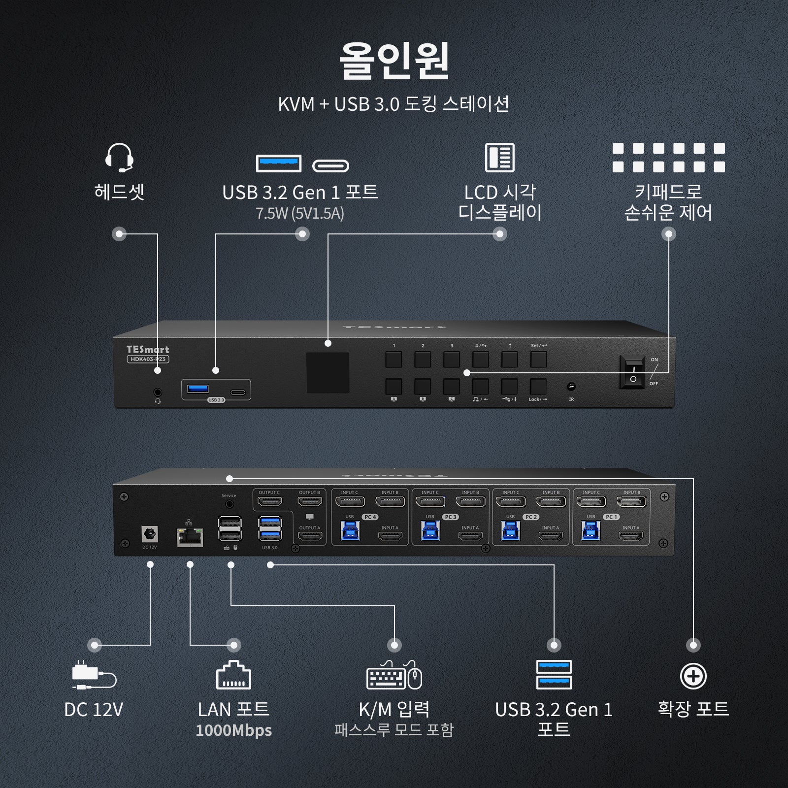 HDMI 2.0 & DP 1.2 트리플 모니터 KVM 스위치 4K60Hz with USB 3.0 허브, 헤드셋, 오디오&마이크