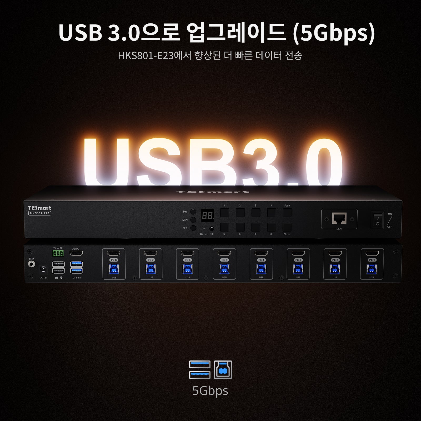 업그레이드된 8포트 HDMI KVM 스위치 USB 3.0 (5Gbps), 4K60Hz, RS232/LAN 제어 지원
