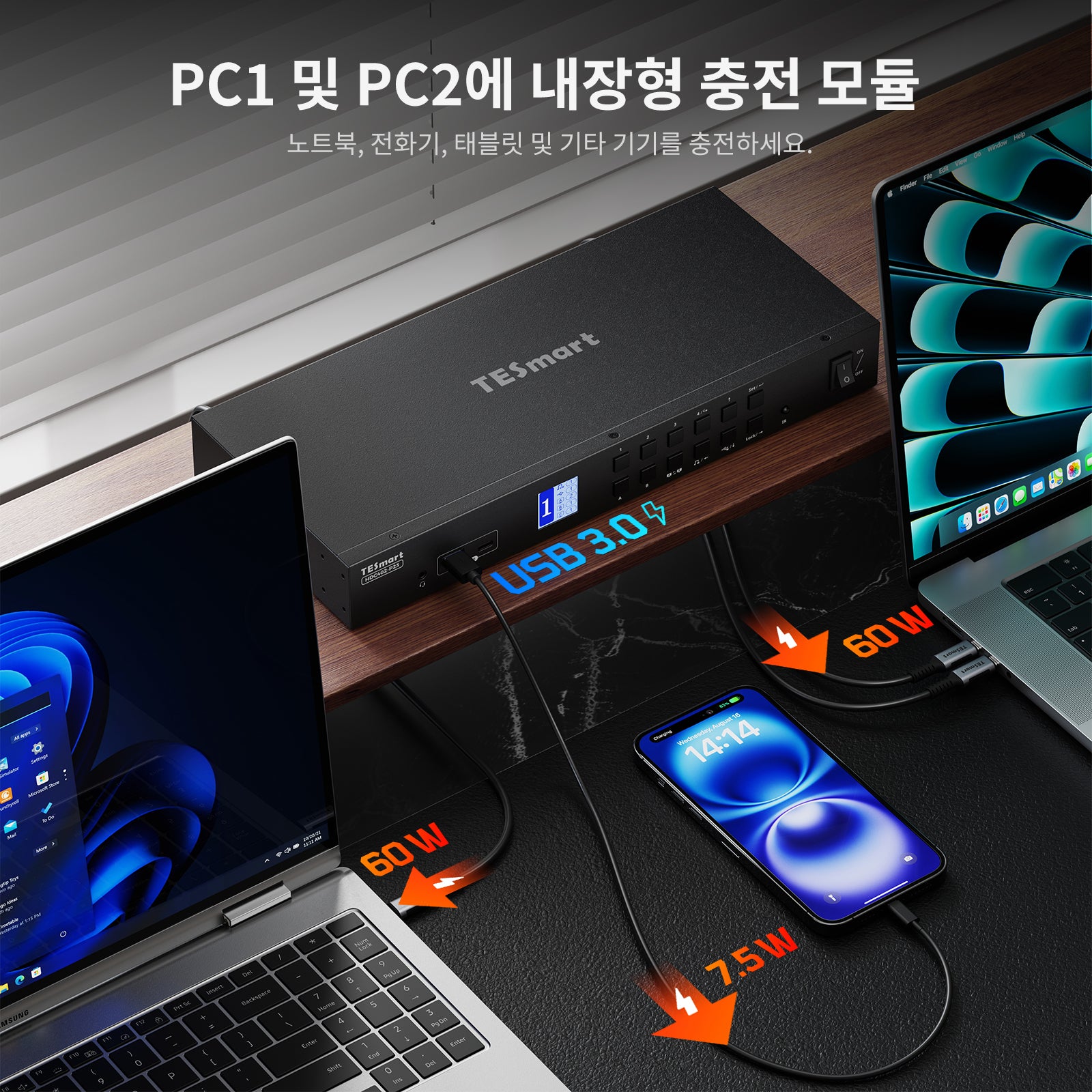 듀얼 모니터 하이브리드 USB-C/HDMI/DP 4K60Hz KVM 스위치 프로 허브, 2대의 노트북 및 2대의 PC용, MST 모드, EDID 에뮬레이션, 기가비트 LAN 및 듀얼 충전 지원