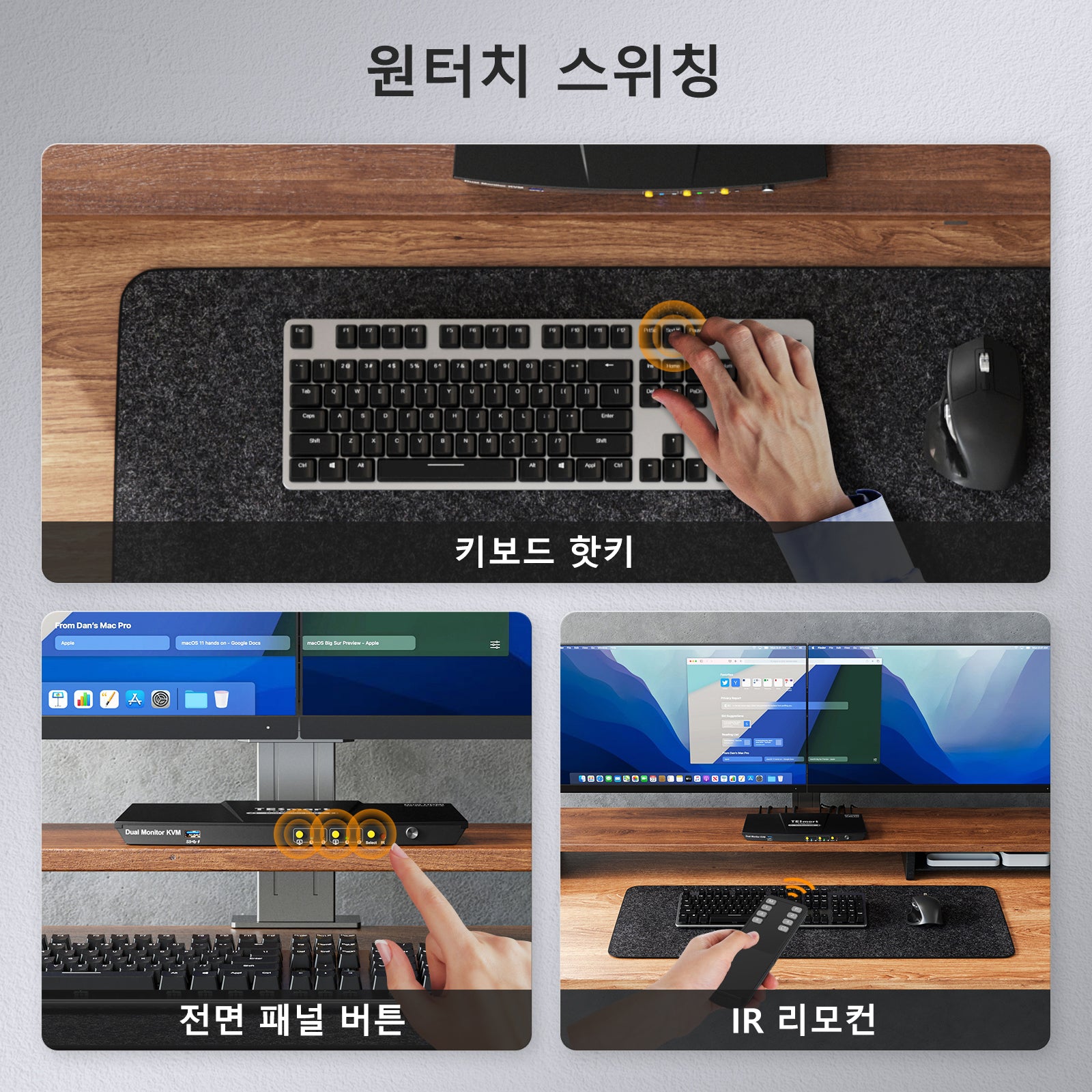 TESmart 2포트 2:2 듀얼 모니터 HDMI+DP KVM 스위치 키트 – 4K60Hz, USB 3.0 도킹 스테이션 지원 | TESmart Korea