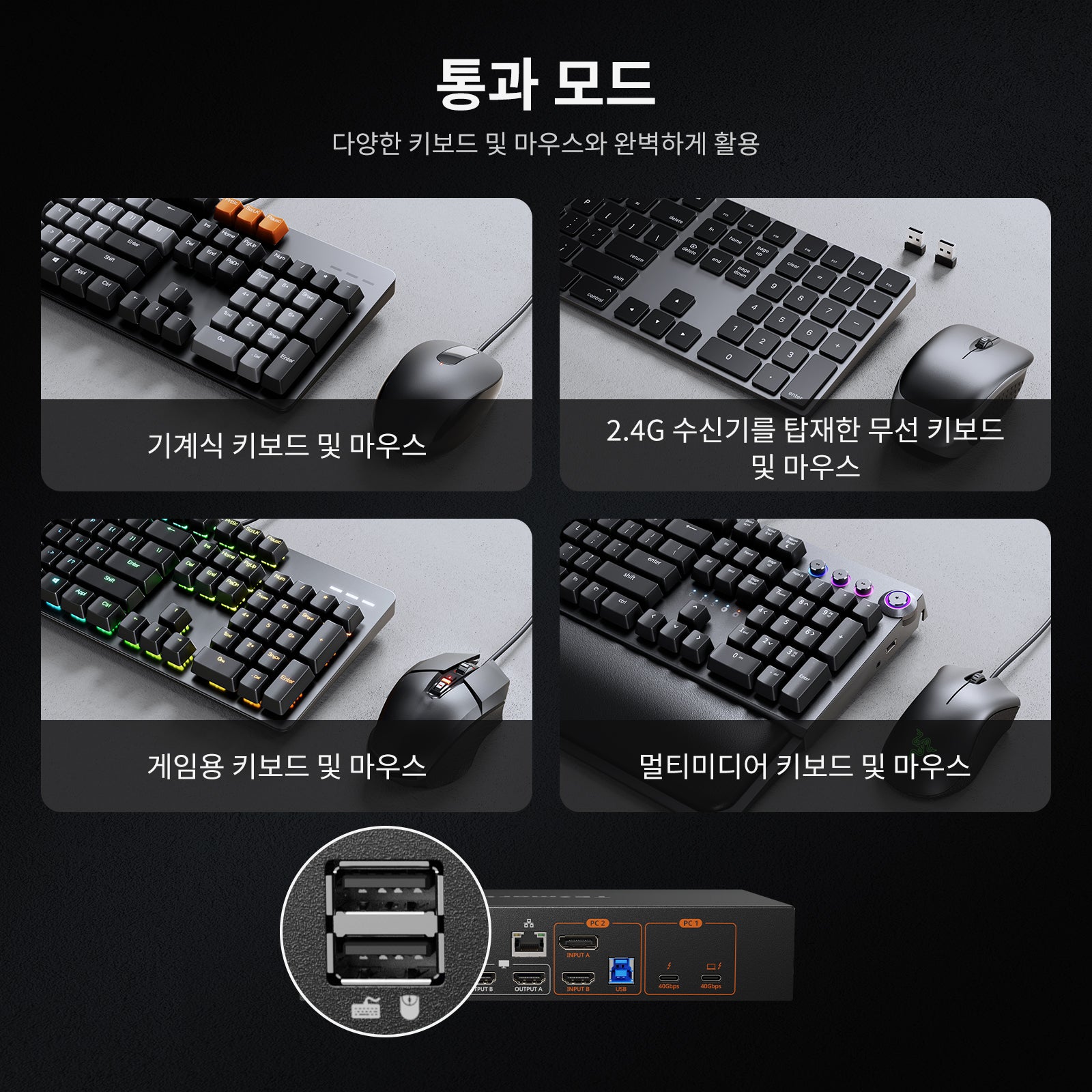 노트북 1대와 데스크톱 1대를 위한 듀얼 4K60Hz 썬더볼 4KVM 도크 - EDID, 게이밍 및 하이브리드 WFH