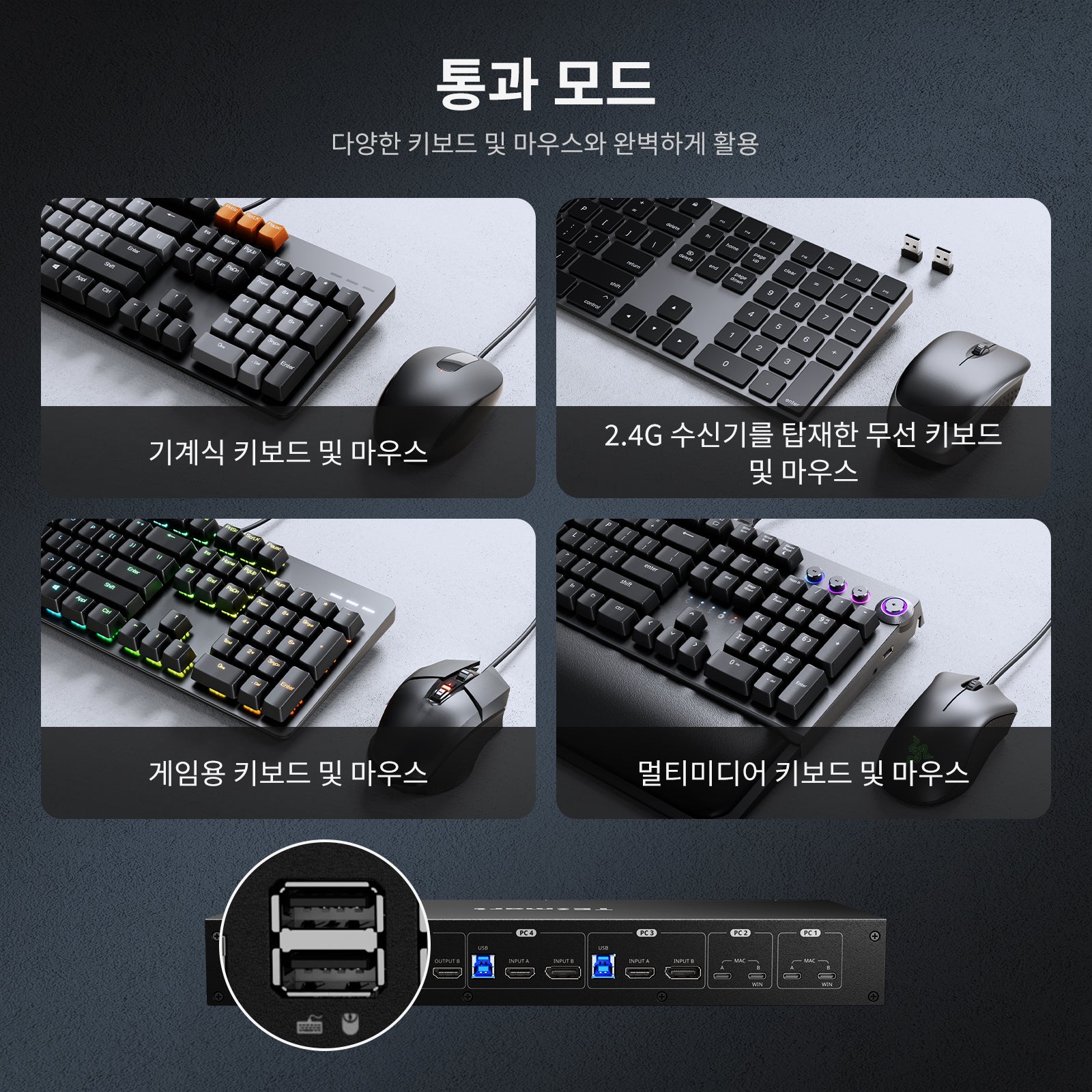 듀얼 모니터 하이브리드 USB-C/HDMI/DP 4K60Hz KVM 스위치 프로 허브, 2대의 노트북 및 2대의 PC용, MST 모드, EDID 에뮬레이션, 기가비트 LAN 및 듀얼 충전 지원