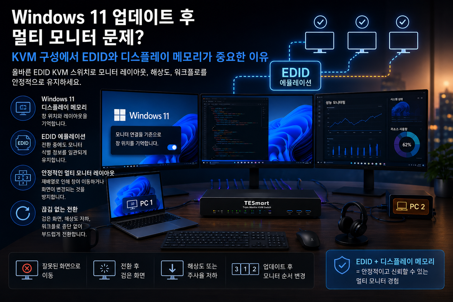 Windows 11 업데이트 후 멀티 모니터 문제 해결 가이드: KVM 구성에서 EDID와 디스플레이 메모리가 중요한 이유