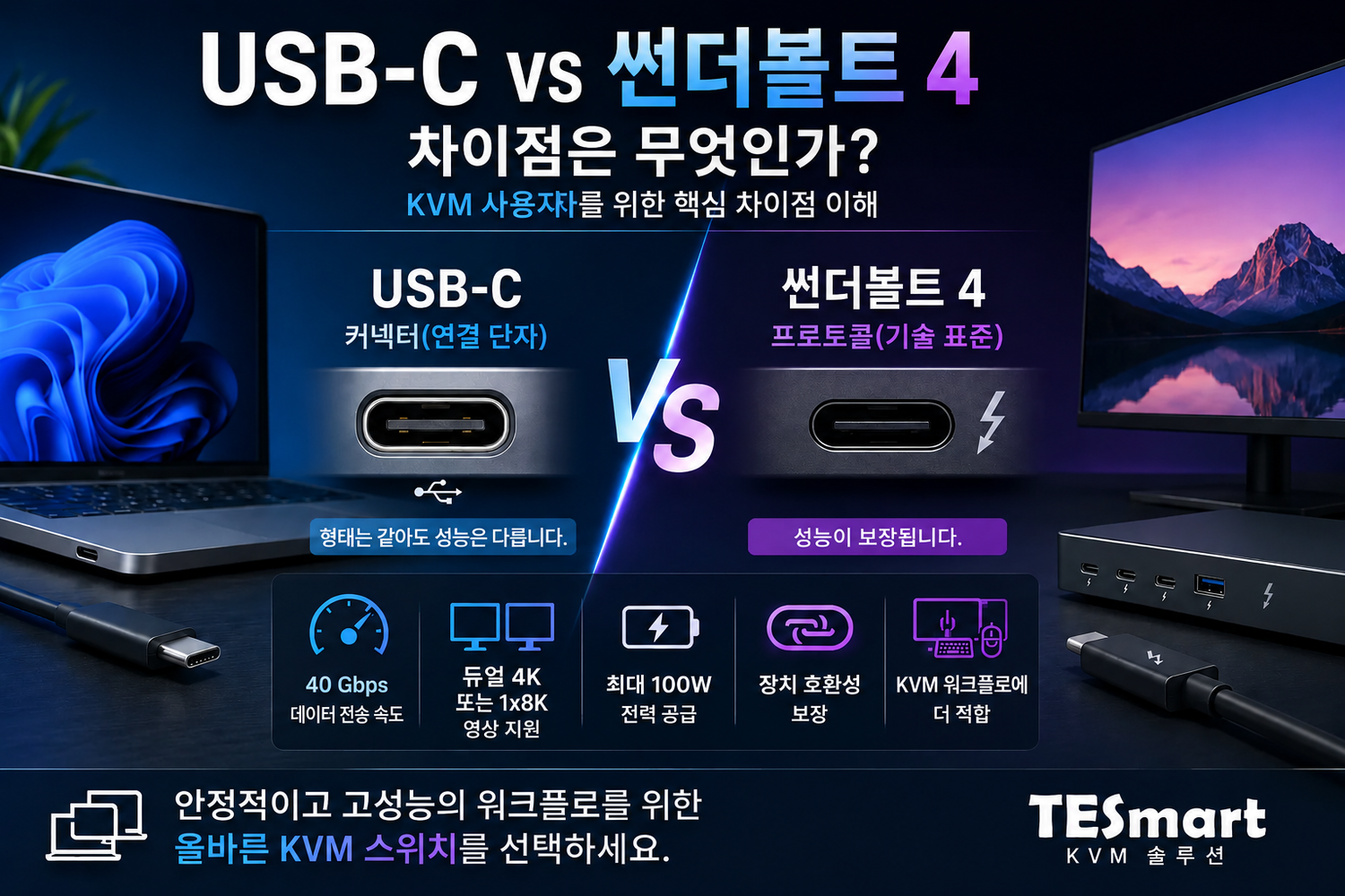 USB-C와 Thunderbolt 4 차이점 완벽 가이드: 속도, 영상 출력, KVM 선택 기준 비교