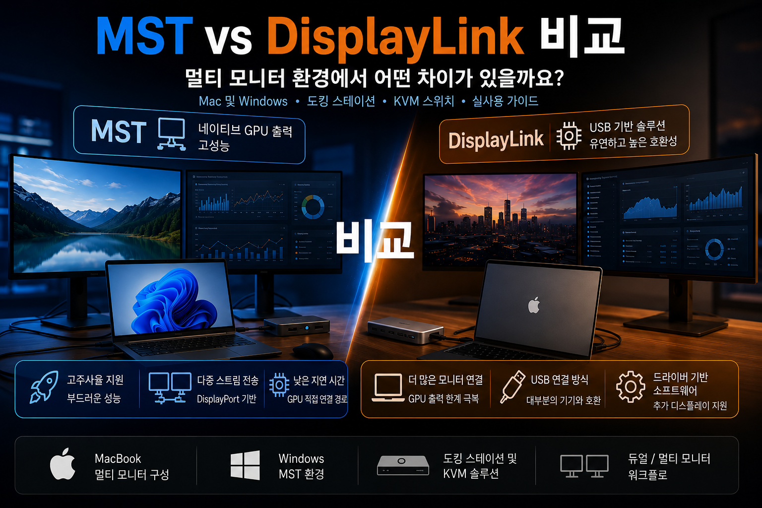 MST vs DisplayLink 비교: Mac과 Windows 멀티 모니터 설정에 더 좋은 기술은?