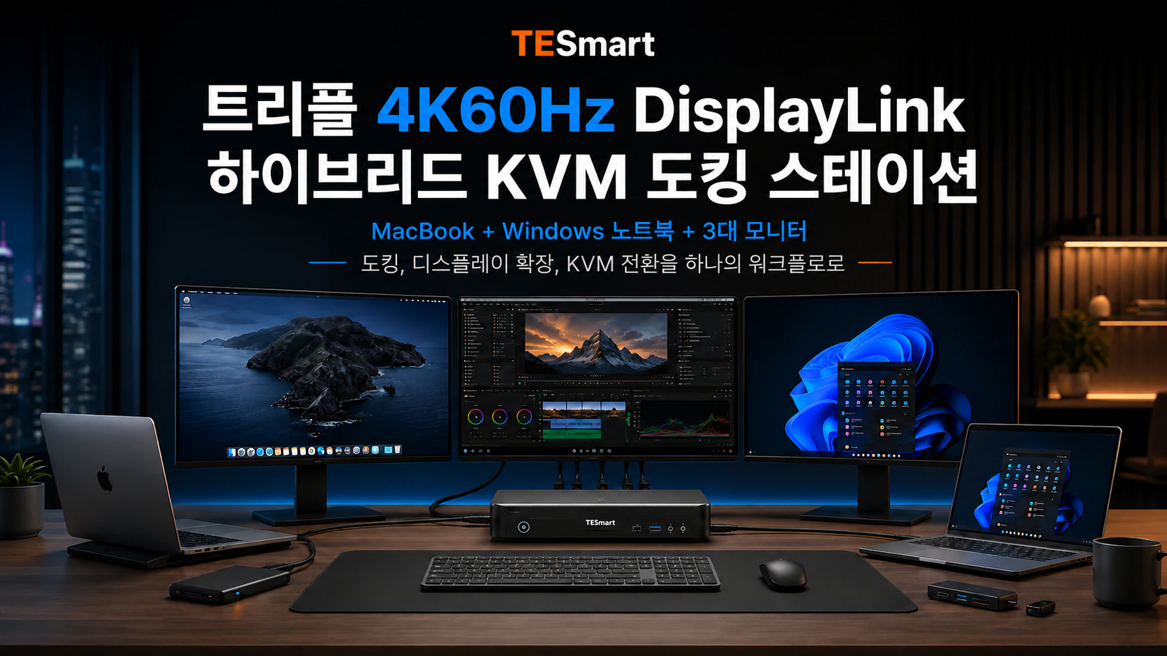 Mac과 PC 멀티 모니터 구성을 위한 TESmart Triple 4K60Hz DisplayLink 하이브리드 KVM 도킹 스테이션 가이드