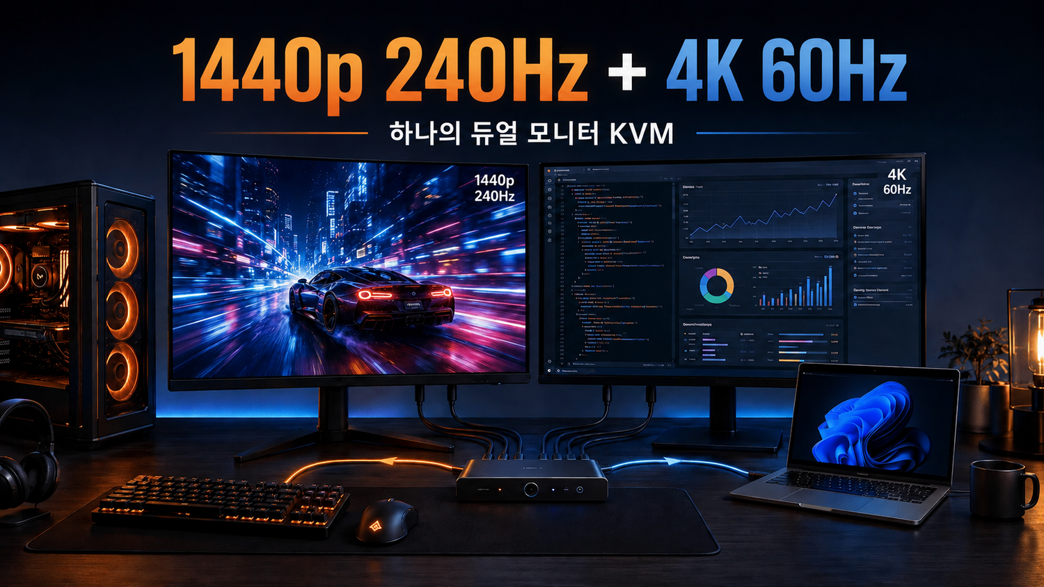 혼합 주사율 듀얼 모니터 KVM 구성: 1440p 240Hz 게이밍 모니터 + 4K 60Hz 업무용 디스플레이
