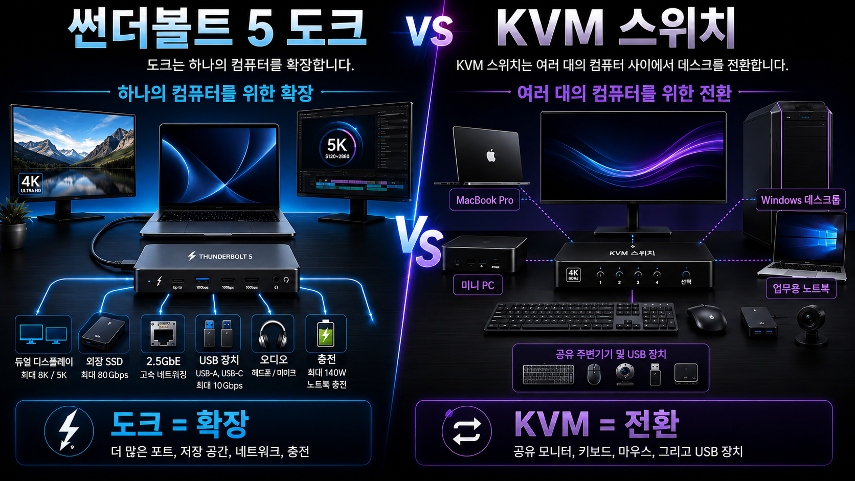Thunderbolt 5 도크 vs KVM 스위치: 강력한 도크가 여전히 두 대의 컴퓨터를 전환하지 못하는 이유