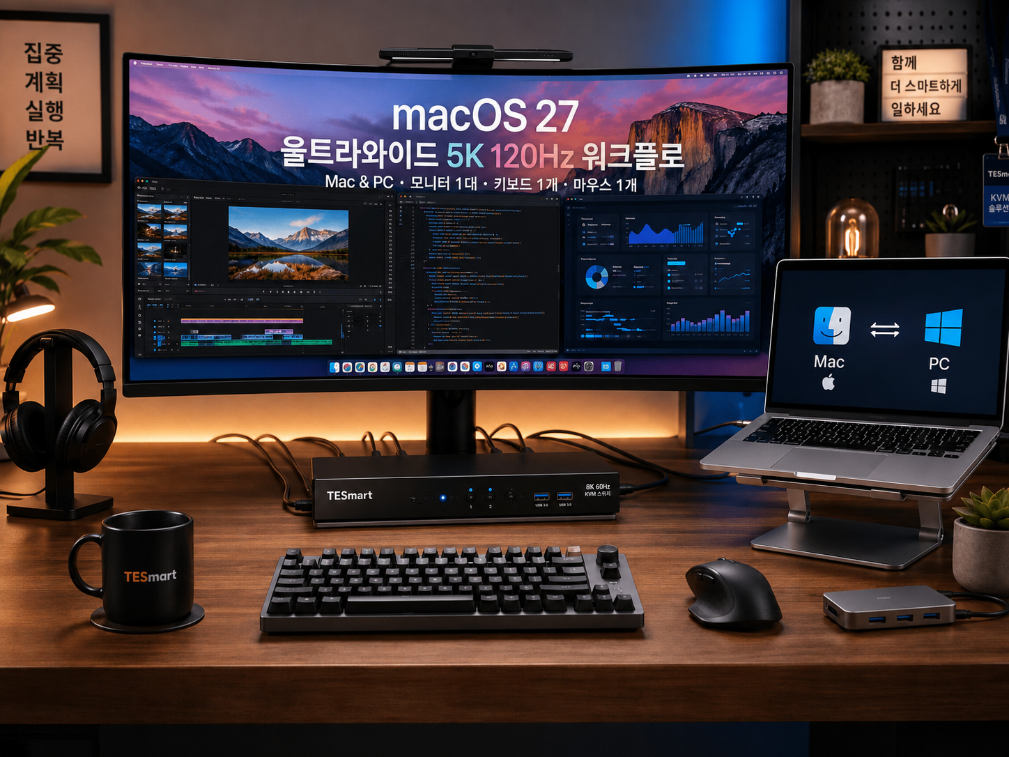 macOS 27 Ultrawide 모니터 구성 가이드: 5K 120Hz Mac 워크플로에 KVM이 필요한 이유