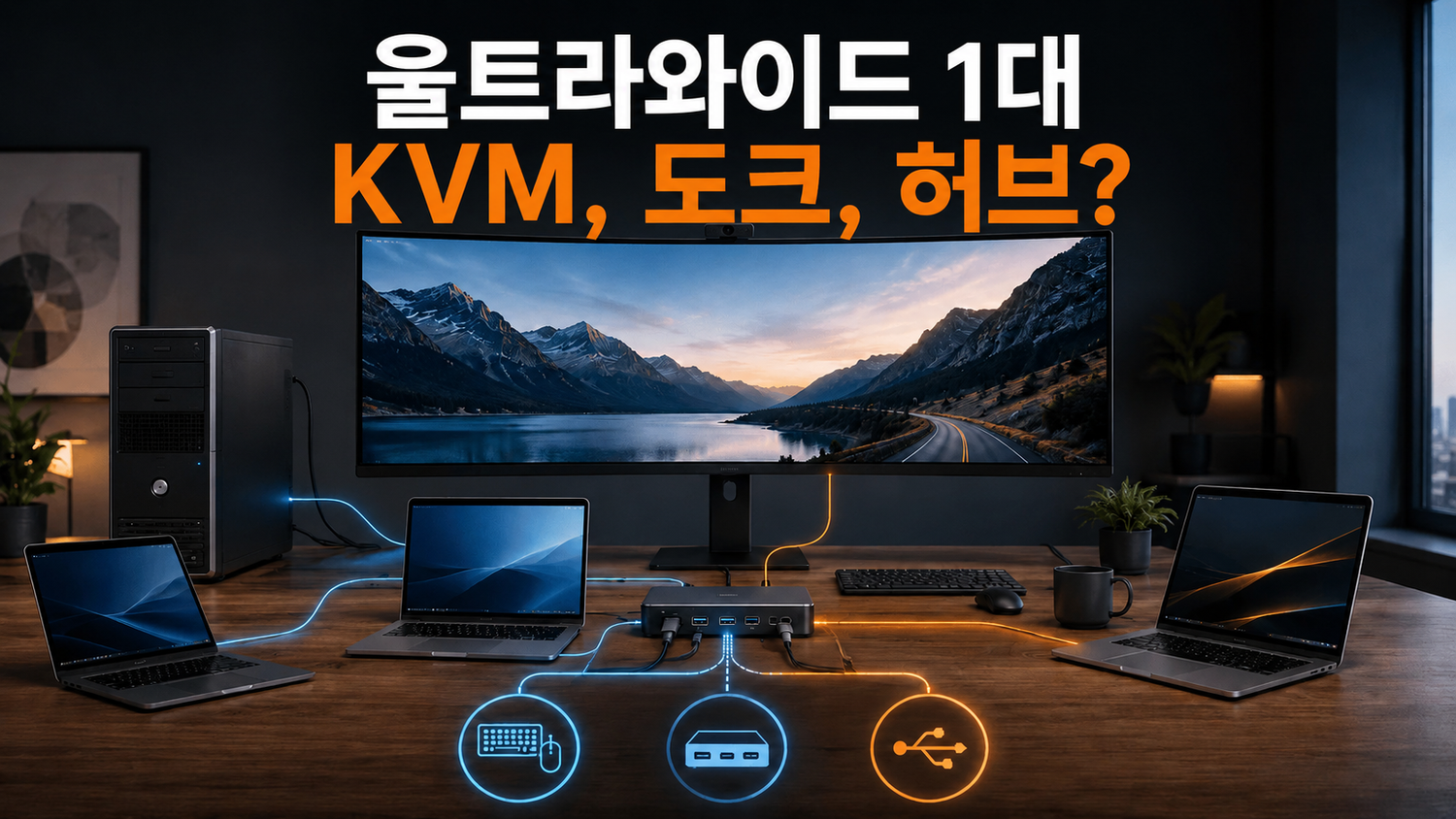 데스크톱 PC와 여러 USB-C 노트북을 울트라와이드 모니터 하나에 연결하는 방법: KVM, 도크, USB 허브 비교