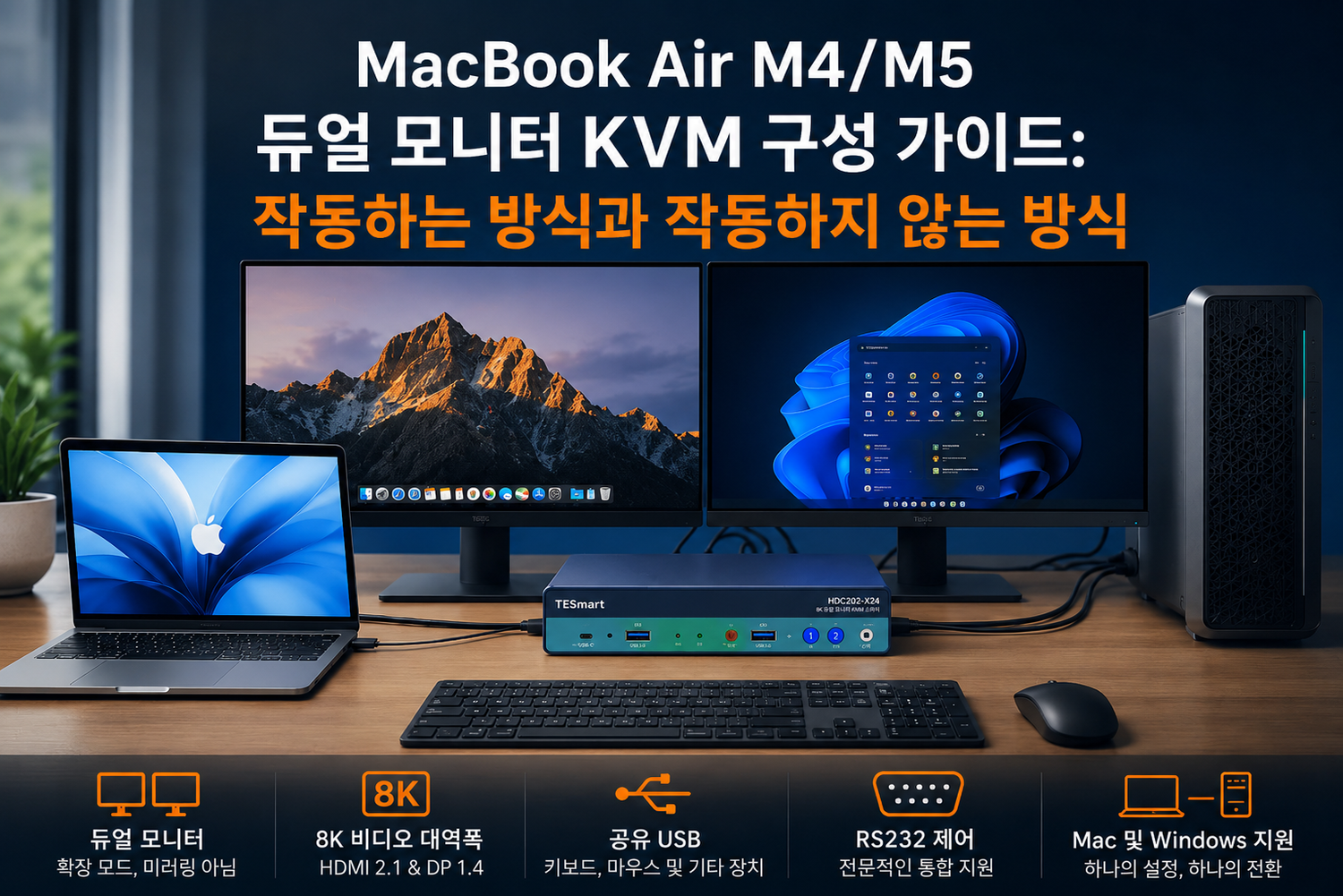 MacBook Air M4/M5 듀얼 모니터 KVM 구성 가이드: 호환되는 연결 방식과 실패 원인
