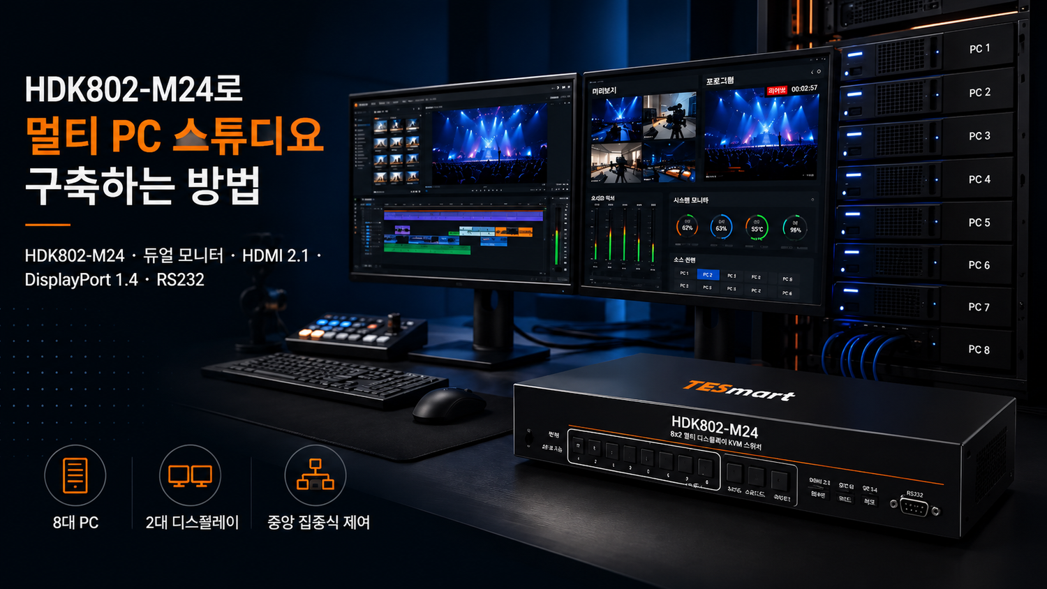 HDK802-M24 멀티 PC 스튜디오 구축 가이드: 듀얼 모니터·8K·RS232 연결 방법