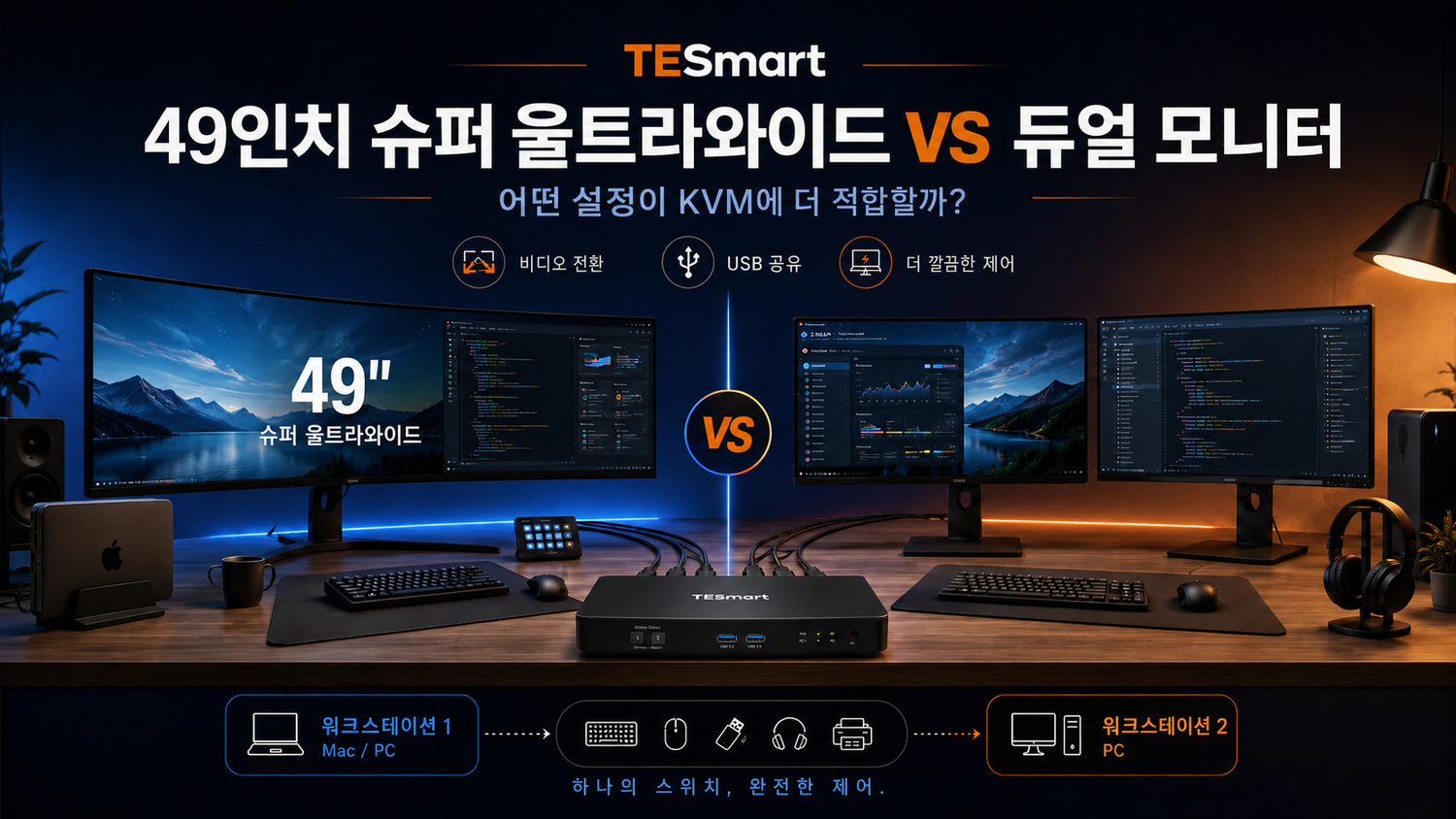 49인치 슈퍼 울트라와이드 vs 듀얼 모니터: 어떤 KVM 설정이 더 적합할까?