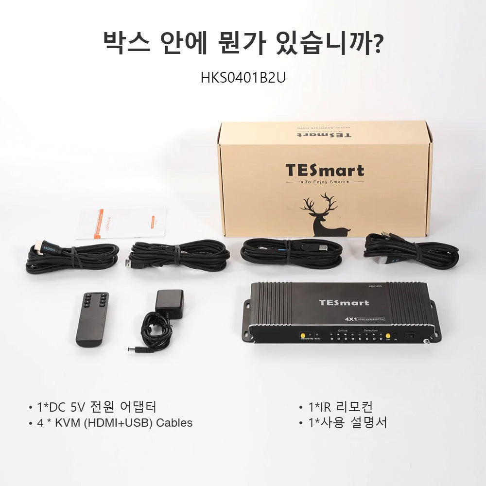 TESmart B 시리즈 4포트 4:1 싱글 모니터 HDMI KVM 스위치 키트 – 4K60Hz,EDID 포함 | TESmart Korea