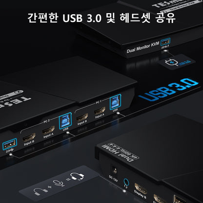 TESmart 2포트2:2 듀얼 모니터 HDMI KVM 스위치 – 4K60Hz, USB 3.0, 오디오 I/O 지원 | TESmart Korea