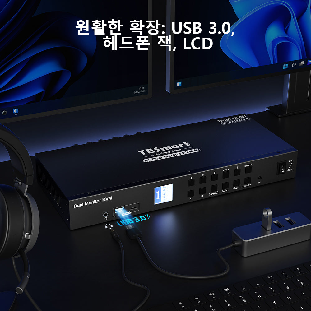 TESmart 4포트 4:2 듀얼 모니터 HDMI KVM 스위치 키트 – 4K60Hz, USB 3.0 허브, 오디오 I/O 지원 | TESmart Korea