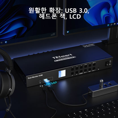 TESmart 4포트 4:2 듀얼 모니터 HDMI KVM 스위치 키트 – 4K60Hz, USB 3.0 허브, 오디오 I/O 지원 | TESmart Korea