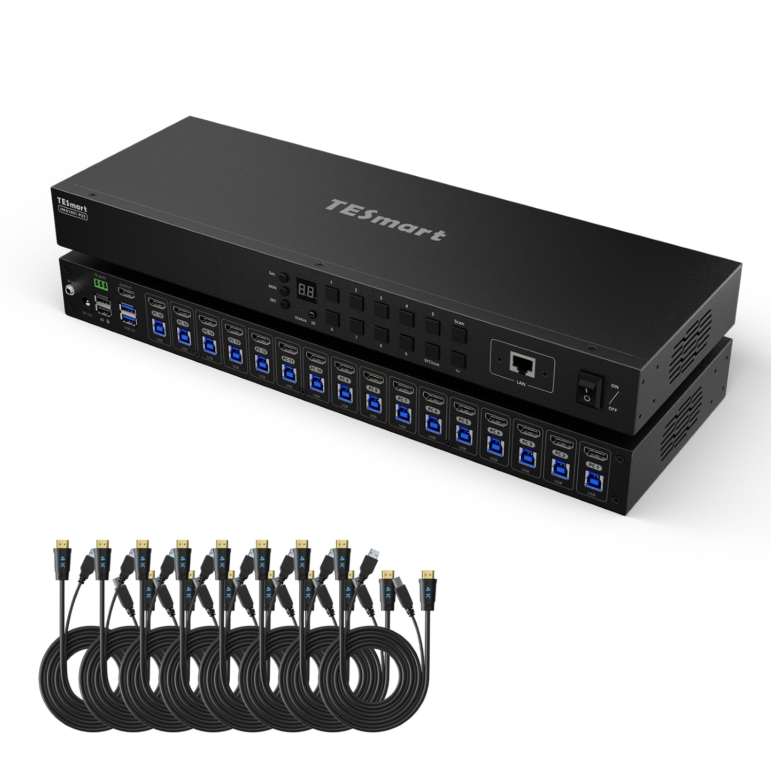 업그레이드된 16포트 HDMI KVM 스위치 USB 3.0 (5Gbps), 4K60Hz, RS232/LAN 제어 지원