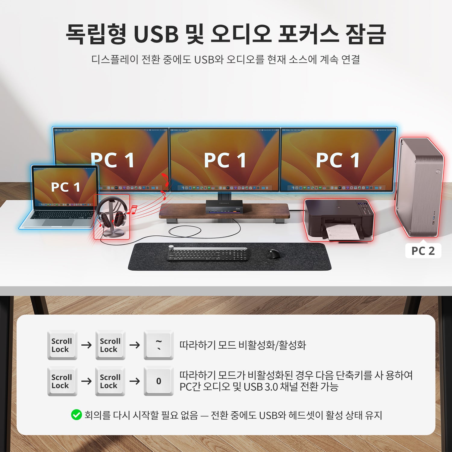 트리플 4K60Hz DisplayLink® 하이브리드 KVM 도킹 스테이션 – USB-C (EDID 및 100W PD 탑재), 2대의 PC용 (Mac 및 데스크톱)