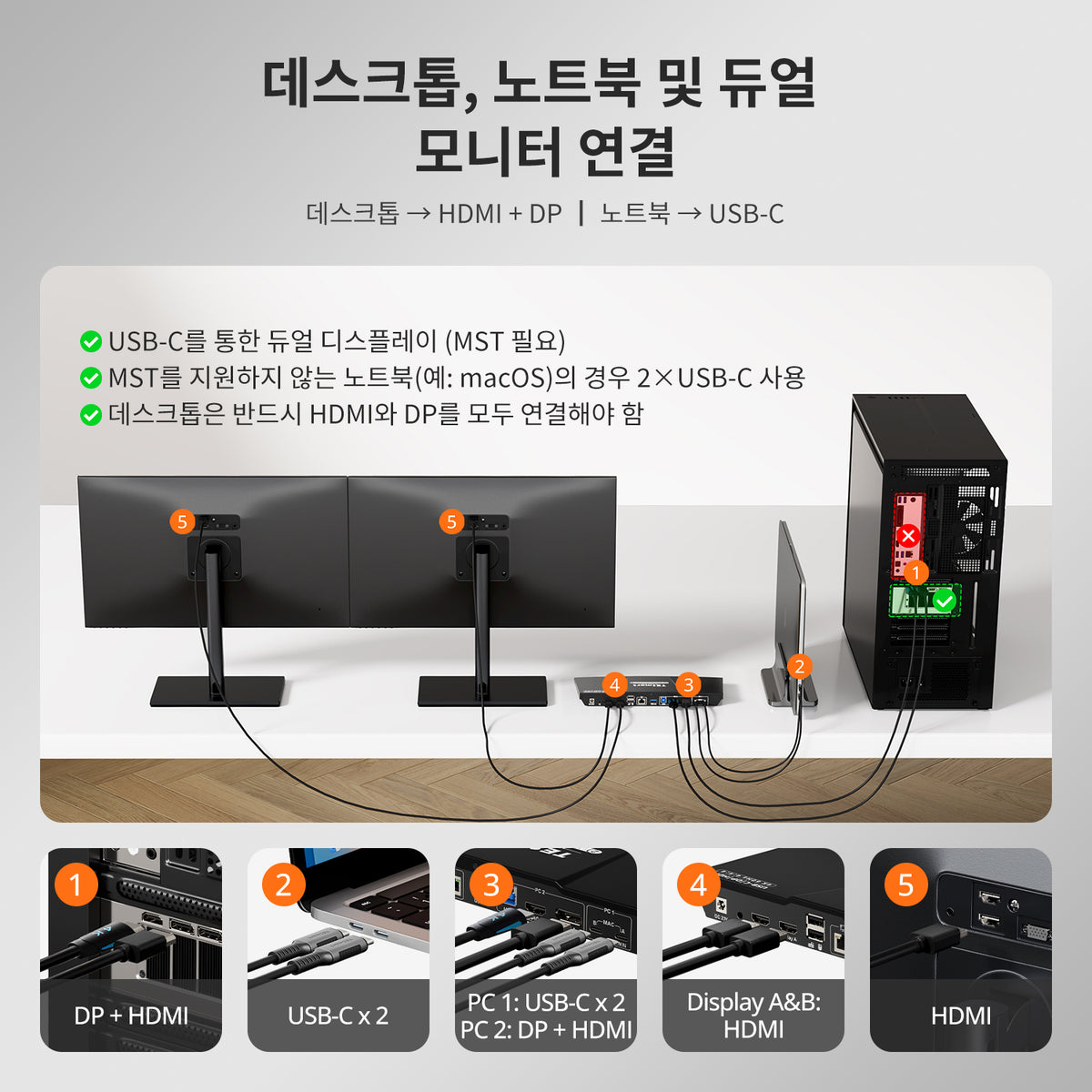 듀얼 4K60Hz 하이브리드 KVM 도킹 스테이션 키트 - USB-C (MST 및 EDID 지원) / 노트북 1대 및 데스크톱 1대용