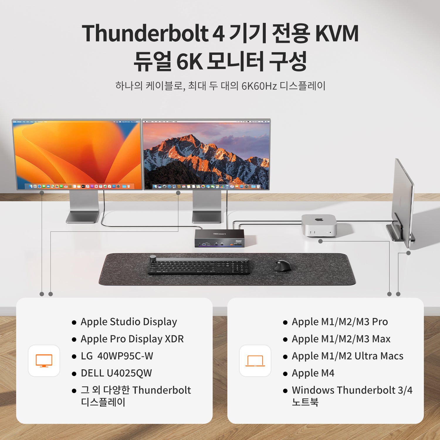 2-포트 듀얼 모니터 KVM for Apple Studio Display – 최대 5K@60Hz, Thunderbolt™ 4 기기와 호환