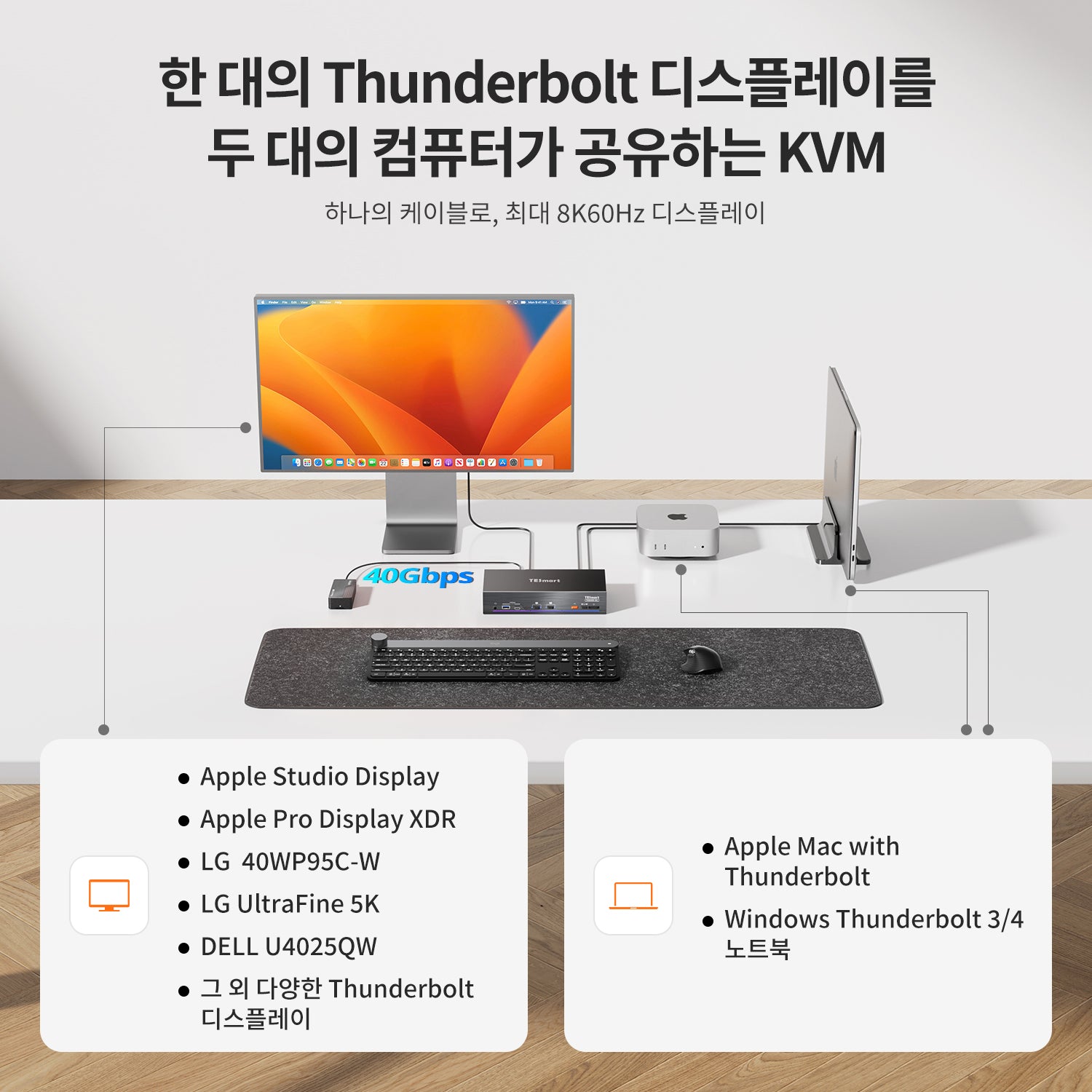 2-포트 듀얼 모니터 KVM for Apple Studio Display – 최대 5K@60Hz, Thunderbolt™ 4 기기와 호환