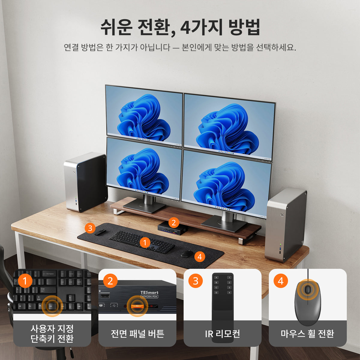 쿼드 4K60 HDMI DP KVM 스위치 - USB 3.2 허브, 기가비트 LAN &amp; EDID 탑재, 2 PC 워크스테이션용