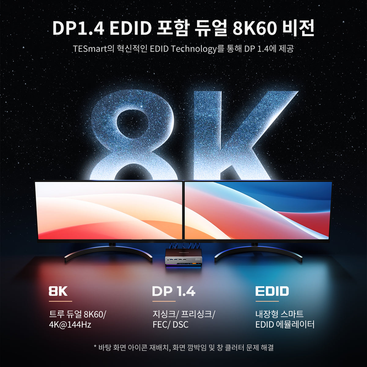 2×2 DP 1.4 KVM (멀티 PC 제어 지원) | 듀얼 8K60/4K144, EDID
