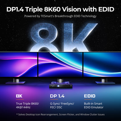 DP 1.4 트리플 8K@60Hz KVM 스위치 허브 (4대 PC, 3대 모니터용), EDID, 오디오/USB 잠금 및 다중 전환 지원