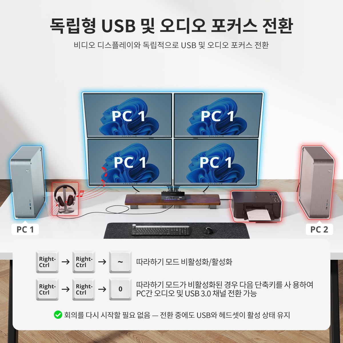 쿼드 4K60 HDMI DP KVM 스위치 - USB 3.2 허브, 기가비트 LAN &amp; EDID 탑재, 2 PC 워크스테이션용