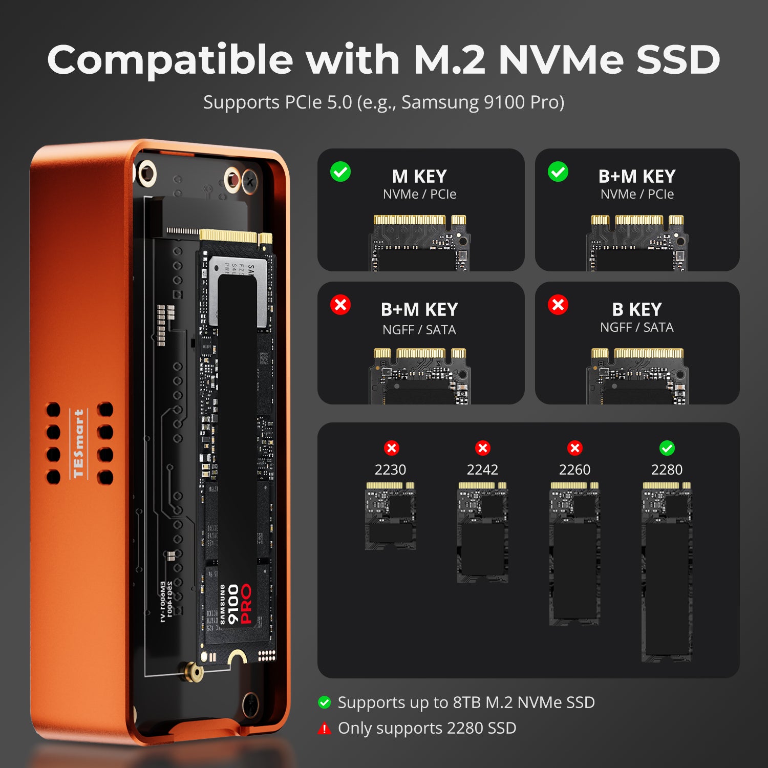 TBE-X5Max USB4 80Gbps PCIe 5.0 NVMe SSD 인클로저 · Thunderbolt 5/4/3 및 USB 3.x 호환 · 최대 7000 MB/s