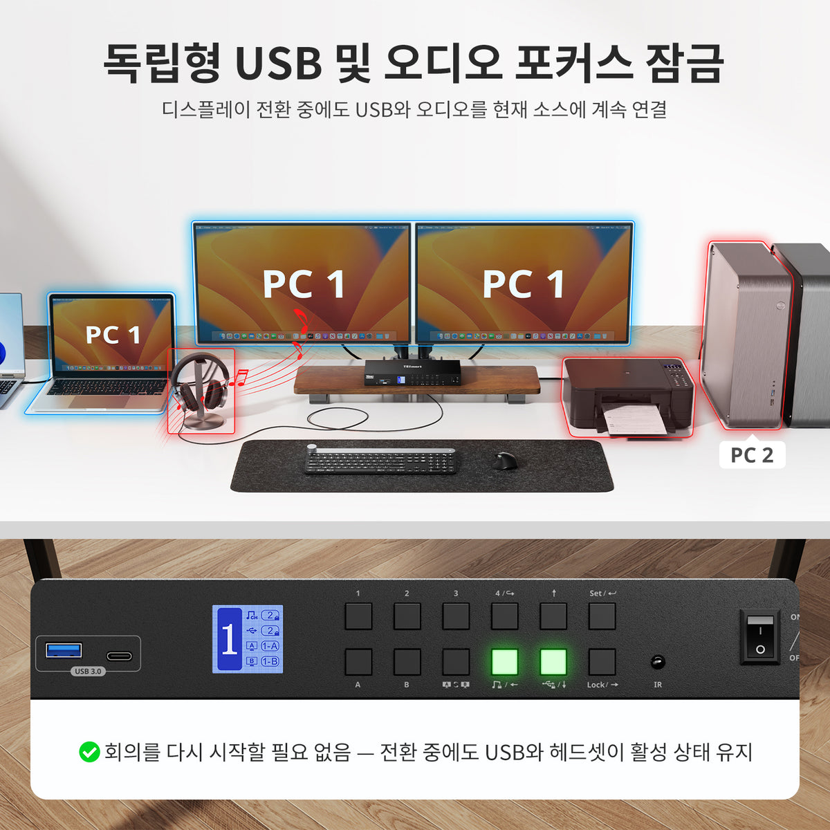 듀얼 모니터 하이브리드 USB-C/HDMI/DP 4K60Hz KVM 스위치 프로 허브, 2대의 노트북 및 2대의 PC용, MST 모드, EDID 에뮬레이션, 기가비트 LAN 및 듀얼 충전 지원