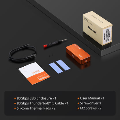TBE-X5Max USB4 80Gbps PCIe 5.0 NVMe SSD 인클로저 · Thunderbolt 5/4/3 및 USB 3.x 호환 · 최대 7000 MB/s
