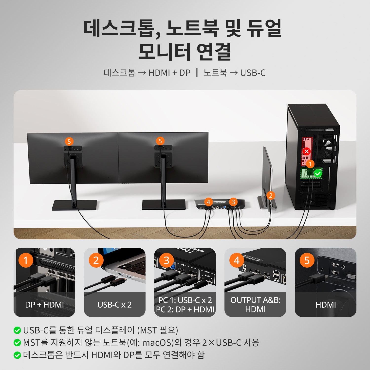 듀얼 4K60Hz 하이브리드 KVM 도킹 스테이션 키트 - USB-C (MST 및 EDID 지원) / 노트북 1대 및 데스크톱 1대용