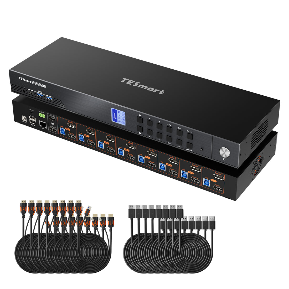 HDMI 2.1 및 DP 1.4 듀얼 8K60Hz KVM 스위치 (8대의 PC 및 2대의 모니터용), ADI 칩, EDID, VRR, FVA, ALLM 및 Dynamic HDR 탑재