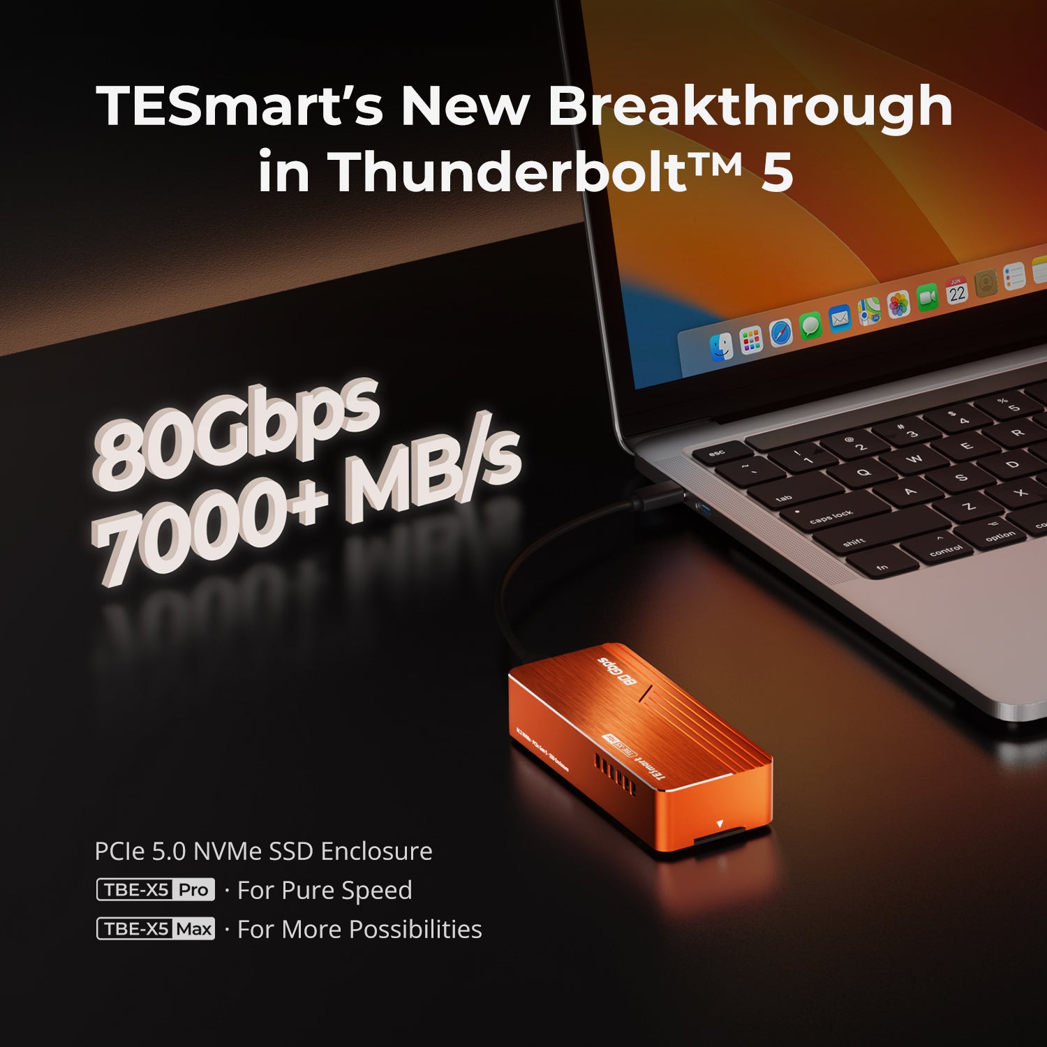 TBE-X5Max USB4 80Gbps PCIe 5.0 NVMe SSD 인클로저 · Thunderbolt 5/4/3 및 USB 3.x 호환 · 최대 7000 MB/s