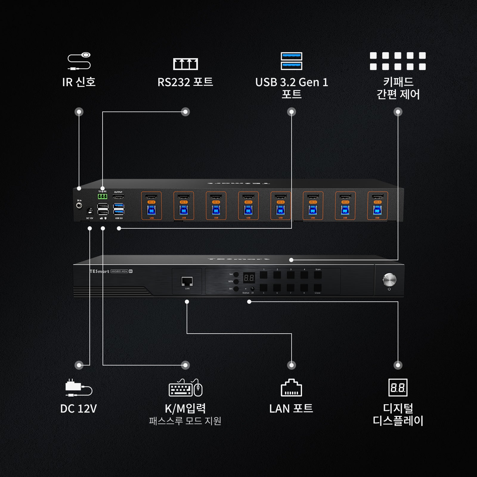 HDMI 2.1 8K60Hz 8x1 KVM 스위치, 8대 PC 및 1대 모니터용, ADI 칩 탑재, EDID 에뮬레이터, VRR, FVA, ALLM, 48Gbps 및 다이내믹 HDR 지원