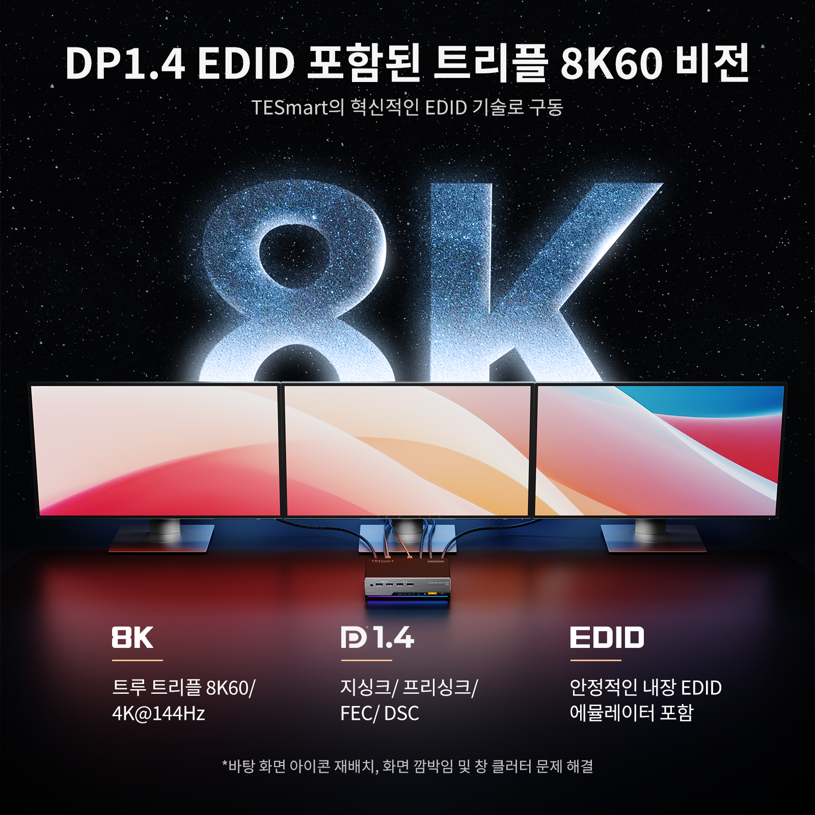 DKS203-M24 DP 1.4 트리플 8K@60Hz KVM 스위치 게이밍 독 2대용 3대 모니터, EDID & G-Sync FreeSync 포함