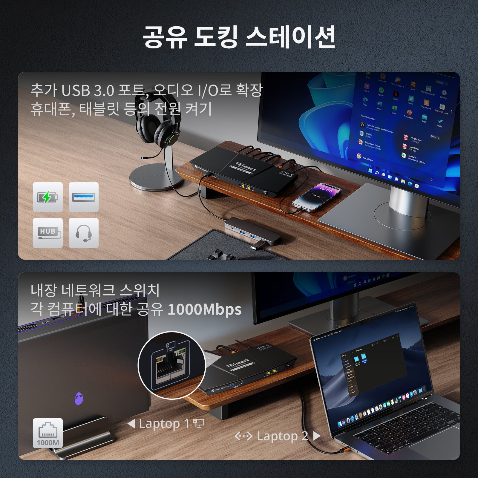 CKS201-M23 2포트 8K60 USB-C KVM 스위치 게이밍 도크(ADI 칩 포함), EDID, 게이밍용 4K144Hz, 노트북 2대 &amp; 모니터 1대