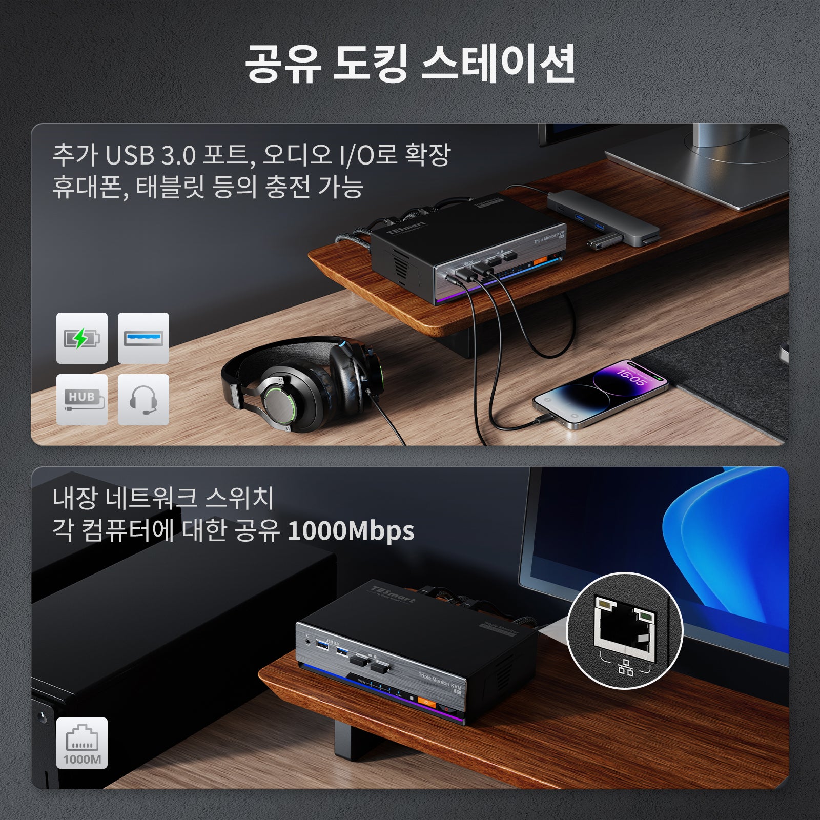 DKS203-M24 DP 1.4 트리플 8K@60Hz KVM 스위치 게이밍 독 2대용 3대 모니터, EDID & G-Sync FreeSync 포함