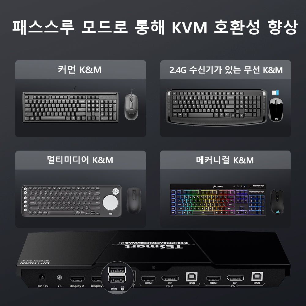 TESmart 4포트 2:2듀얼 모니터 HDMI+DP KVM 스위치 – 4K60Hz, USB 허브 포함 | TESmart Korea