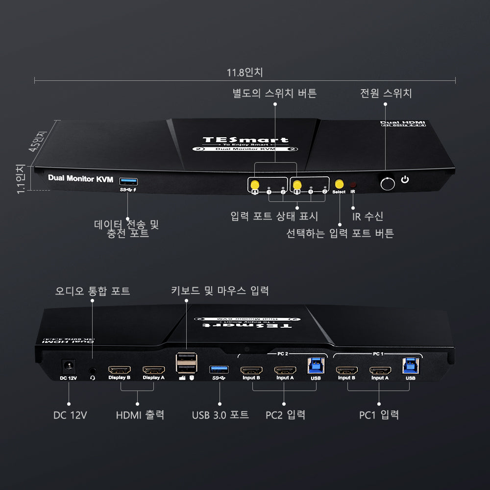 TESmart 2포트2:2 듀얼 모니터 HDMI KVM 스위치 – 4K60Hz, USB 3.0, 오디오 I/O 지원 | TESmart Korea