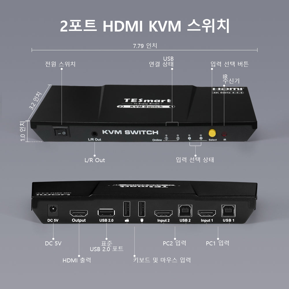 TESmart 2포트 2:1 HDMI KVM 스위치 – 4K60Hz, 마우스 심리스 스위칭 지원 | TESmart Korea