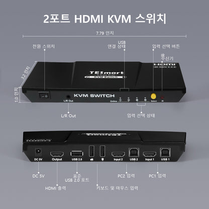 TESmart 2포트 2:1 HDMI KVM 스위치 – 4K60Hz, 마우스 심리스 스위칭 지원 | TESmart Korea