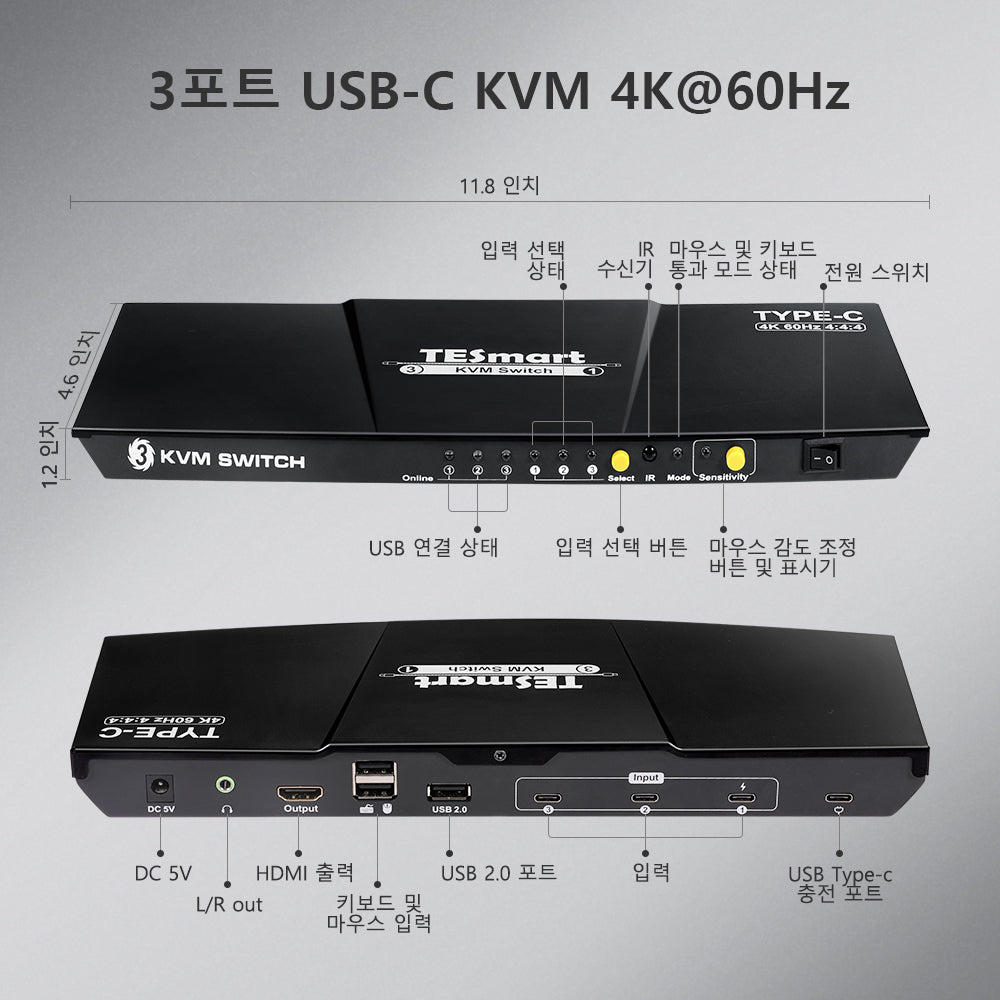 TESmart 3포트 3:1 USB-C KVM 스위치 – 4K60Hz, USB 허브, 오디오 포트 지원 | TESmart Korea